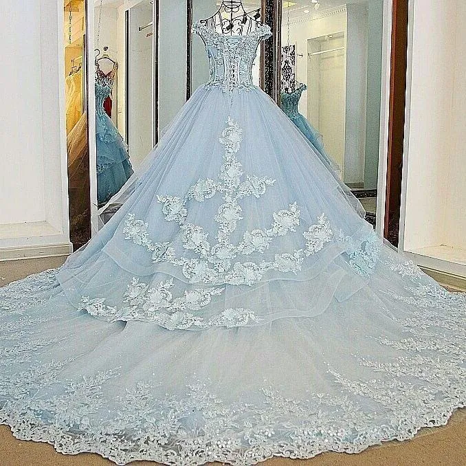 A-line Off-Shoulder Cathedral Train Tulle Appliqued Long Elegant Wedding Dresses 2818