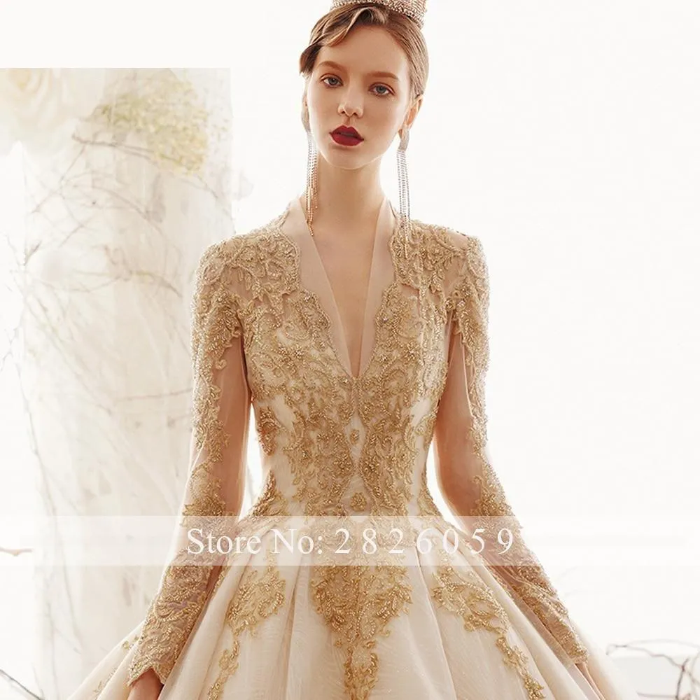 A-Line V-Neck Champagne Lace Wedding Dress with Full Sleeves and Crystal Beads