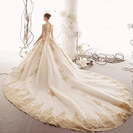 A-Line V-Neck Champagne Lace Wedding Dress with Full Sleeves and Crystal Beads