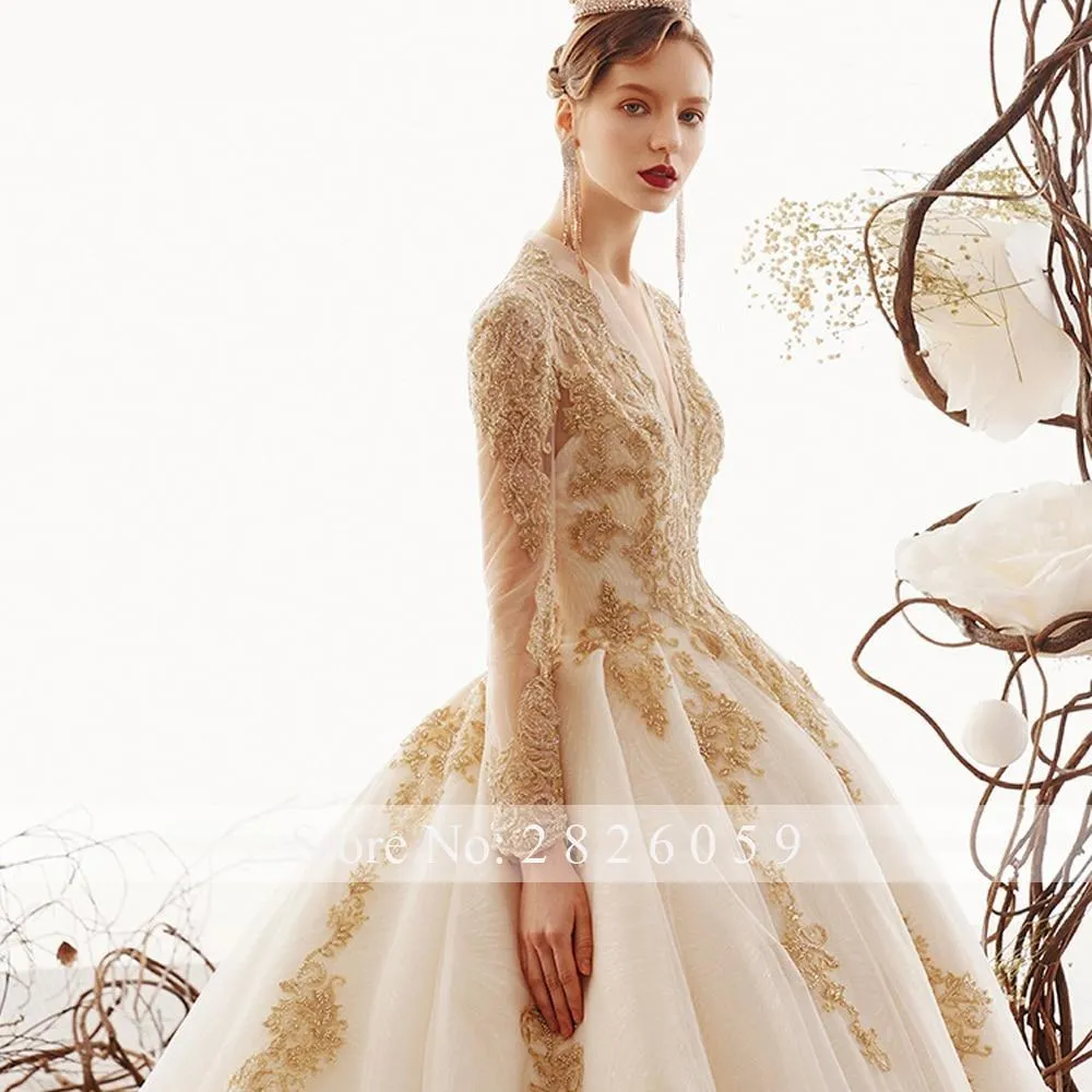A-Line V-Neck Champagne Lace Wedding Dress with Full Sleeves and Crystal Beads
