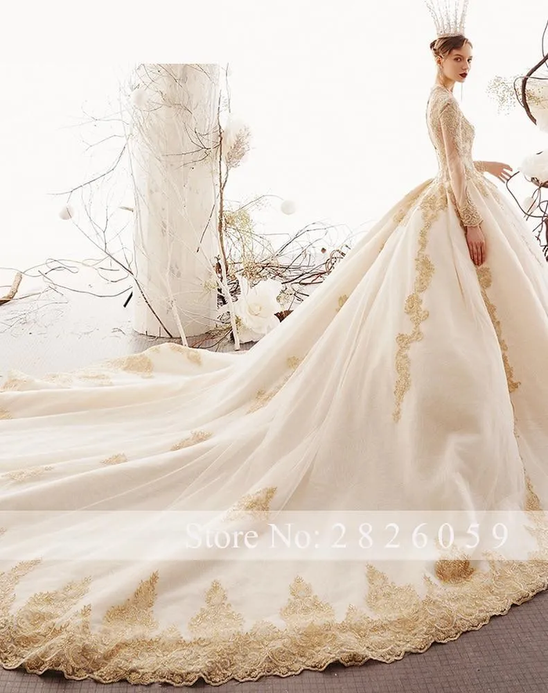 A-Line V-Neck Champagne Lace Wedding Dress with Full Sleeves and Crystal Beads