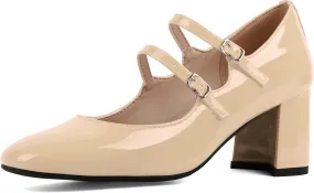 Alsoloveu Women's Mary Jane Shoes Patent Leather Retro Low Chunky Heels Pump Shoes for Women Double Ankle Strap Pumps