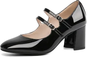 Alsoloveu Women's Mary Jane Shoes Patent Leather Retro Low Chunky Heels Pump Shoes for Women Double Ankle Strap Pumps