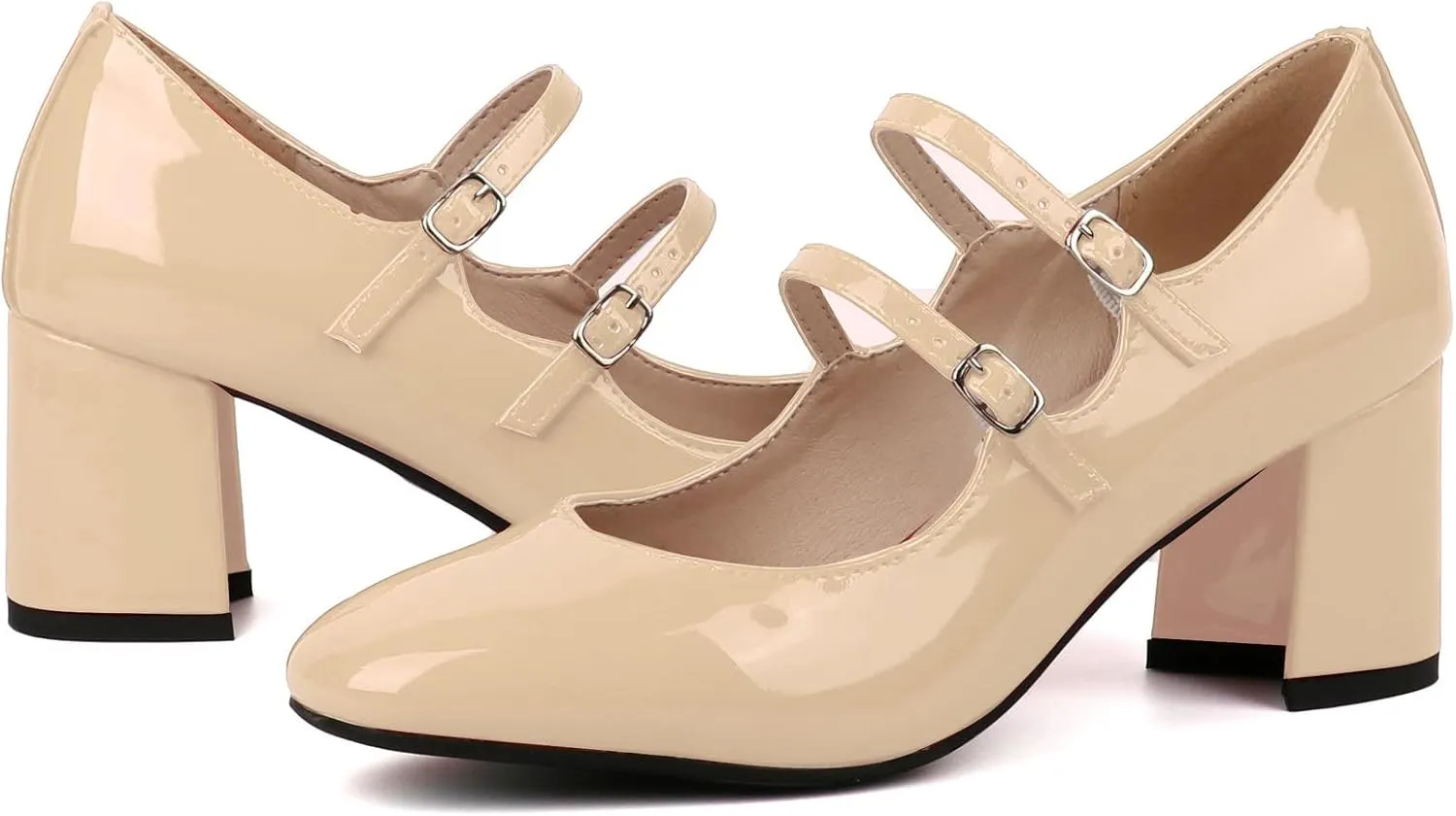 Alsoloveu Women's Mary Jane Shoes Patent Leather Retro Low Chunky Heels Pump Shoes for Women Double Ankle Strap Pumps