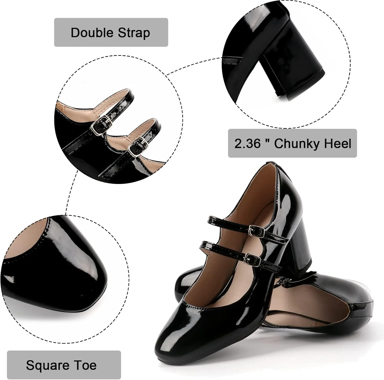 Alsoloveu Women's Mary Jane Shoes Patent Leather Retro Low Chunky Heels Pump Shoes for Women Double Ankle Strap Pumps