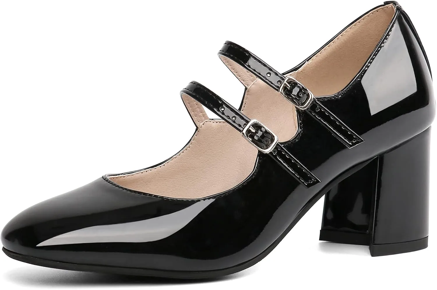 Alsoloveu Women's Mary Jane Shoes Patent Leather Retro Low Chunky Heels Pump Shoes for Women Double Ankle Strap Pumps