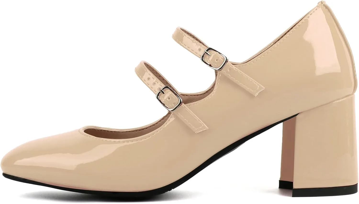 Alsoloveu Women's Mary Jane Shoes Patent Leather Retro Low Chunky Heels Pump Shoes for Women Double Ankle Strap Pumps