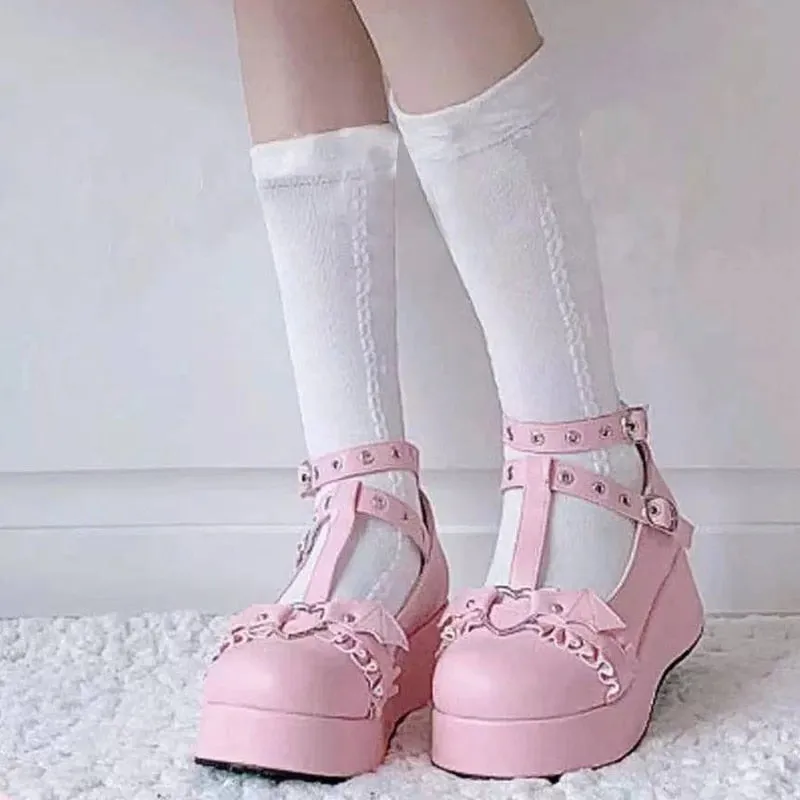 Amozae-Back to college New Sweet Heart Buckle Wedges Mary Janes Women Pink T-Strap Chunky Platform Lolita Shoes Woman Punk Gothic Cosplay Shoes 43
