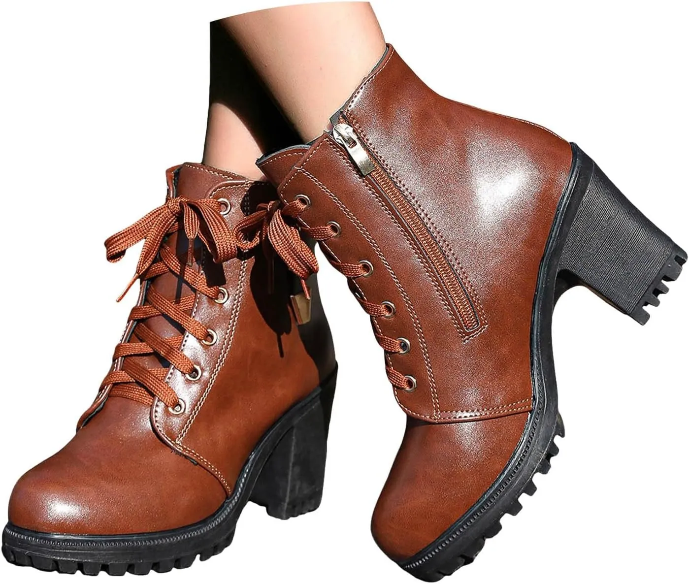 Ankle Boots for Women, Casual Winter Riding Boots Round Toe Lace-up Side Zipper High Chunky Block Heel Short Combat Boots