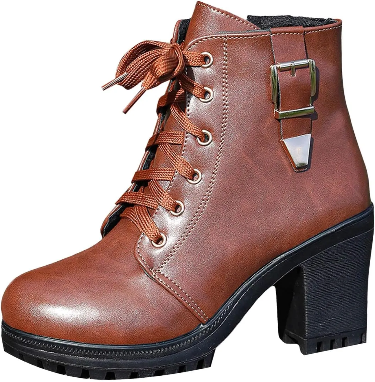 Ankle Boots for Women, Casual Winter Riding Boots Round Toe Lace-up Side Zipper High Chunky Block Heel Short Combat Boots