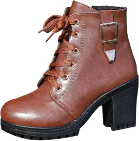 Ankle Boots for Women, Casual Winter Riding Boots Round Toe Lace-up Side Zipper High Chunky Block Heel Short Combat Boots