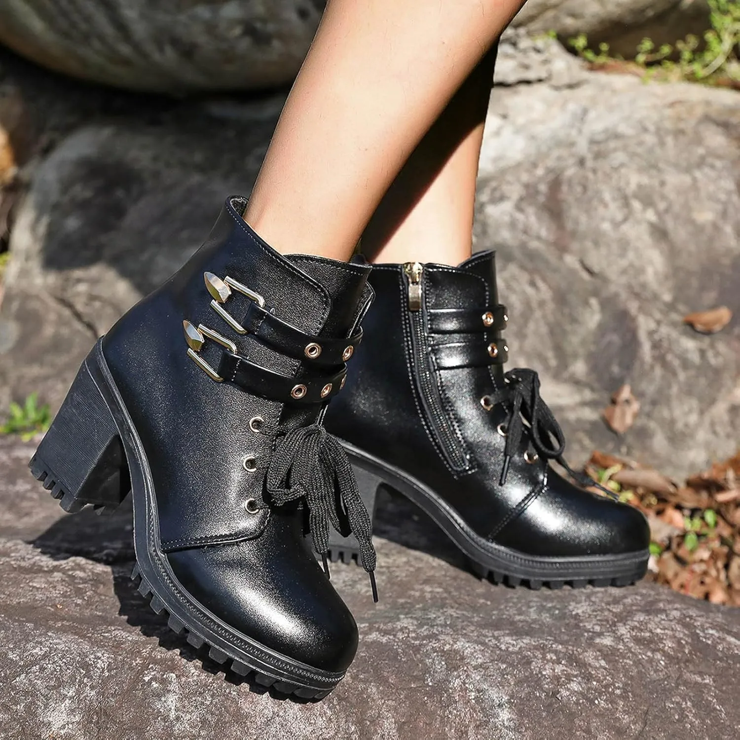 Ankle Boots for Women, Leather High Chunky Block Heel Side Zip Ankle Boots Lace Up Combat Boots Winter Riding Boots