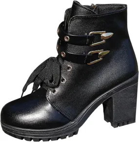Ankle Boots for Women, Leather High Chunky Block Heel Side Zip Ankle Boots Lace Up Combat Boots Winter Riding Boots
