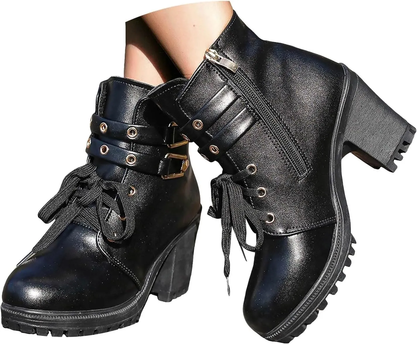 Ankle Boots for Women, Leather High Chunky Block Heel Side Zip Ankle Boots Lace Up Combat Boots Winter Riding Boots
