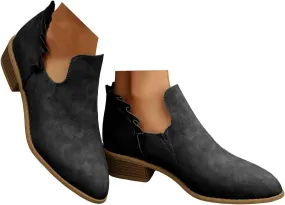 Ankle Boots for Women Low Heels Fall Fashion Chunky Stacked Cutout Booties Dress Short Ruffle Slip On Pointed Toe Shoes Booties