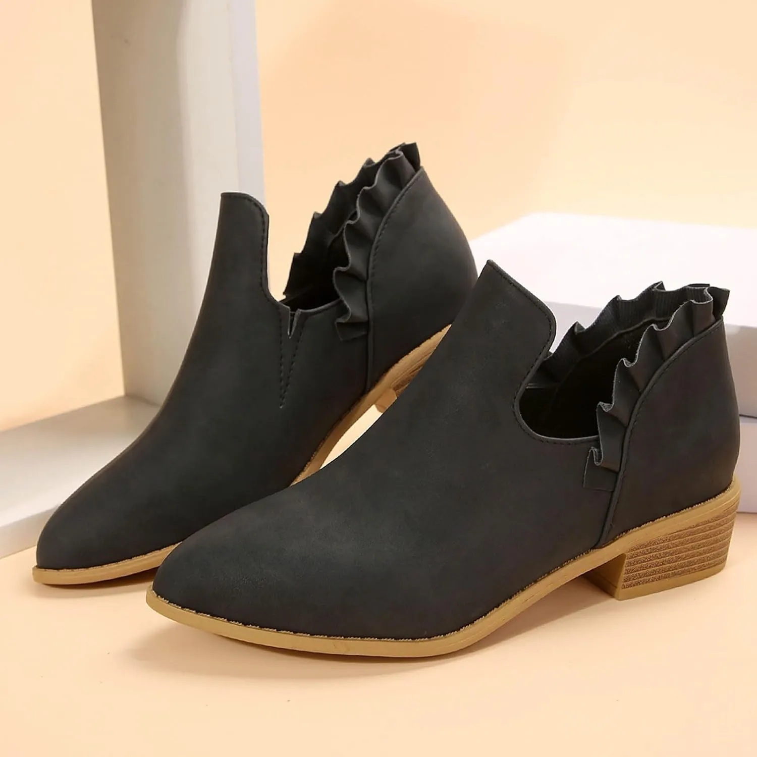 Ankle Boots for Women Low Heels Fall Fashion Chunky Stacked Cutout Booties Dress Short Ruffle Slip On Pointed Toe Shoes Booties