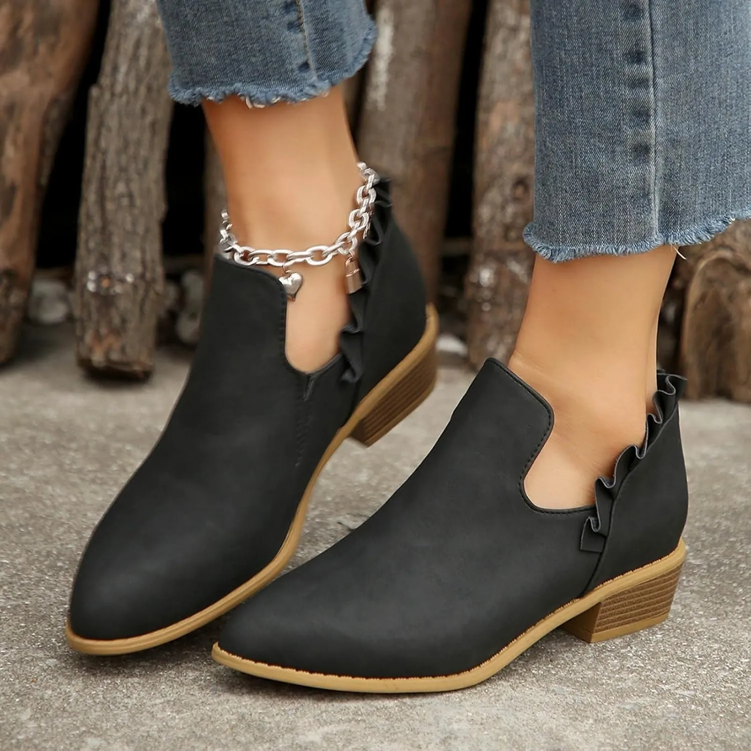 Ankle Boots for Women Low Heels Fall Fashion Chunky Stacked Cutout Booties Dress Short Ruffle Slip On Pointed Toe Shoes Booties