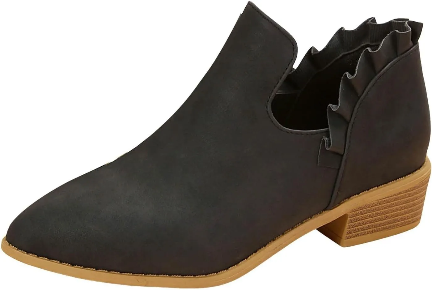 Ankle Boots for Women Low Heels Fall Fashion Chunky Stacked Cutout Booties Dress Short Ruffle Slip On Pointed Toe Shoes Booties