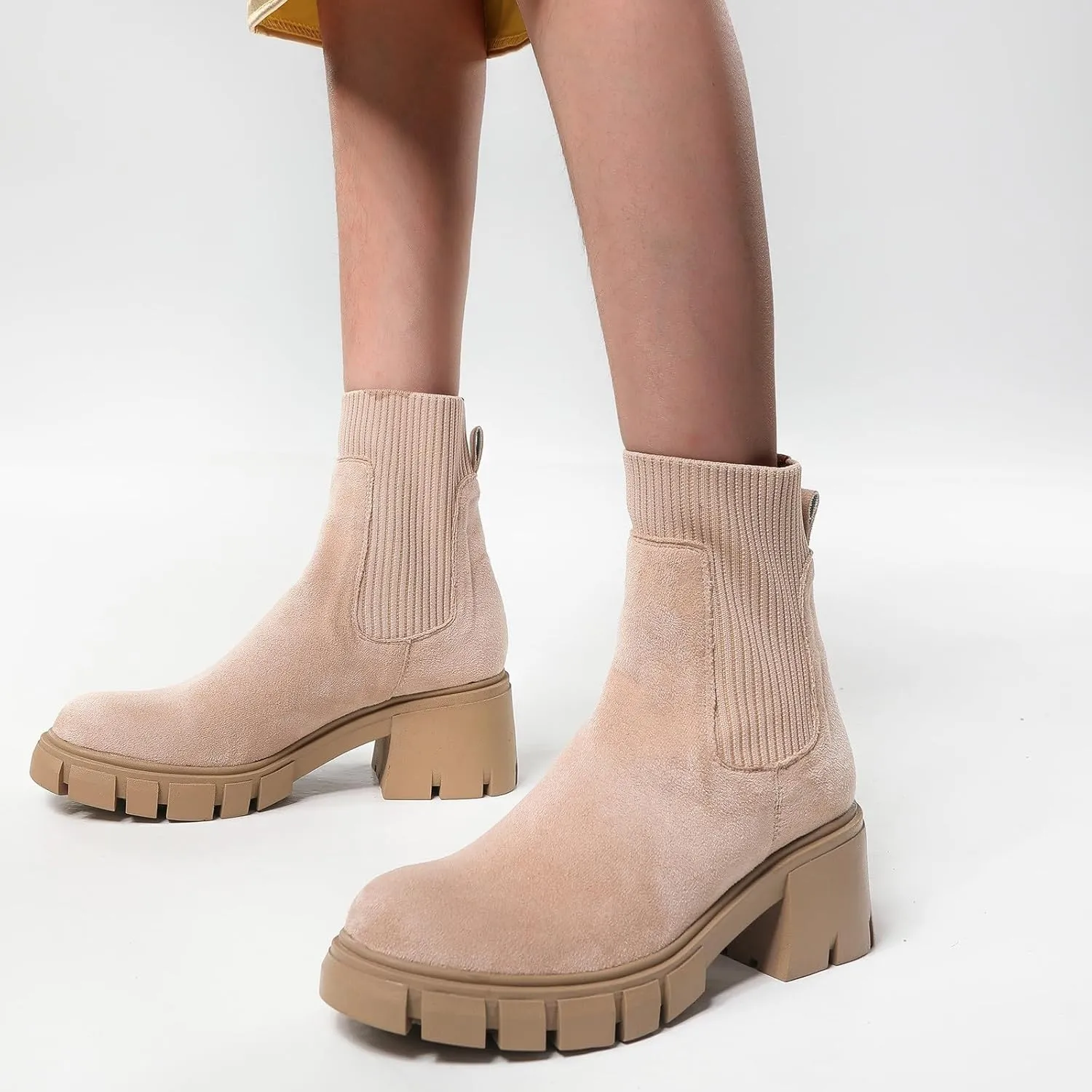 Ankle Boots for Women Western Faux Suede Chelsea Boots Elastic Chunky Block Heel Platform Slip on Fashion Causal Booties