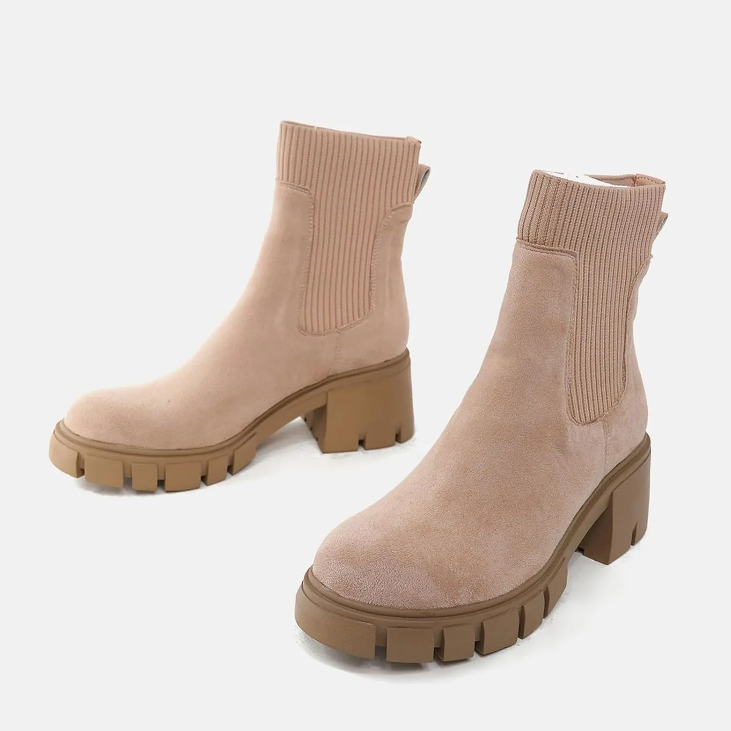 Ankle Boots for Women Western Faux Suede Chelsea Boots Elastic Chunky Block Heel Platform Slip on Fashion Causal Booties