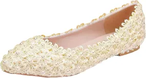 ANUFER Womens Elegant Pointed Toe Flower Lace Pearls Bridal Shoes Pumps Soft Sole Ballet Flats
