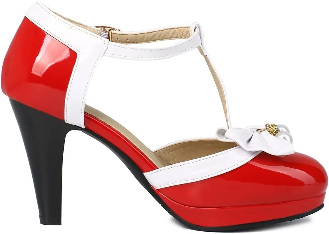 Betastella Women's T-Strap Platform Mary Janes Block Heel Patent Leather Sweet Pumps