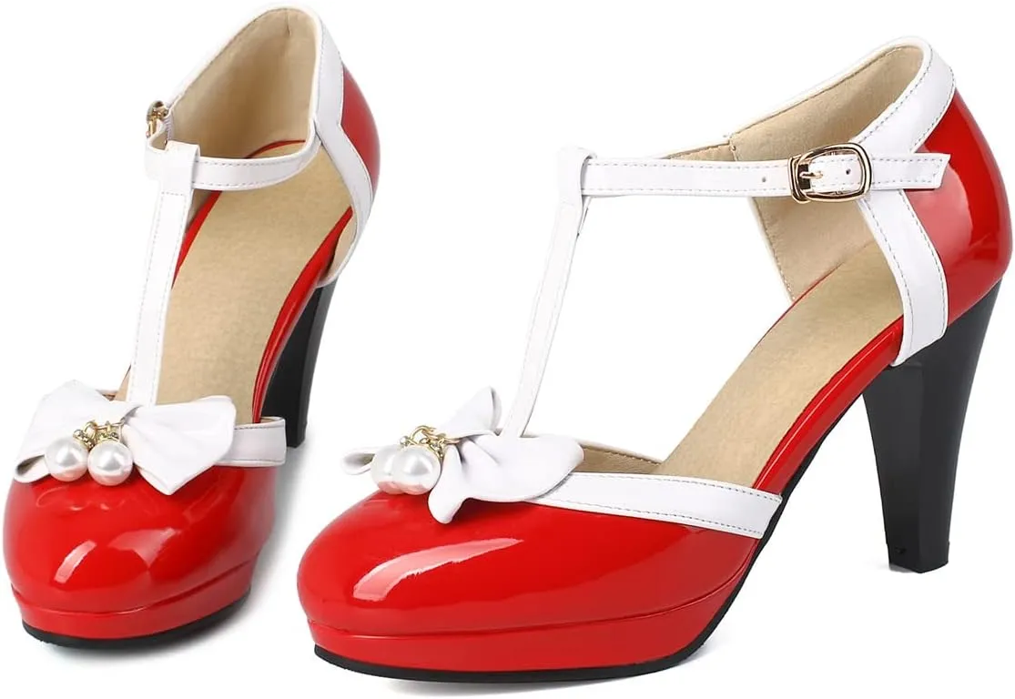 Betastella Women's T-Strap Platform Mary Janes Block Heel Patent Leather Sweet Pumps