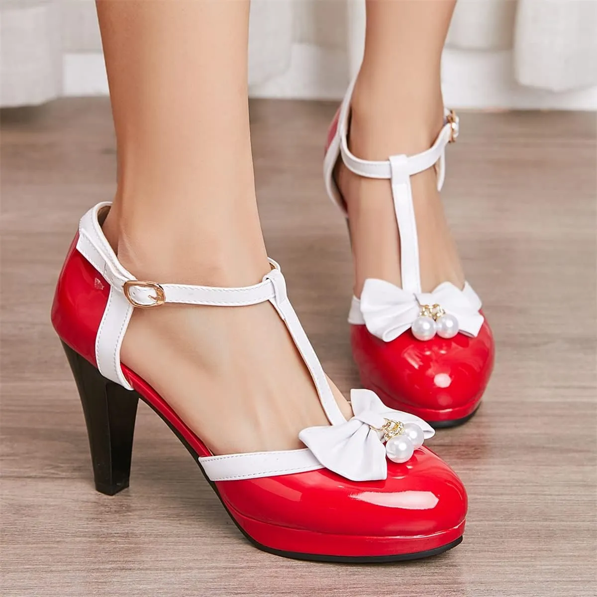 Betastella Women's T-Strap Platform Mary Janes Block Heel Patent Leather Sweet Pumps