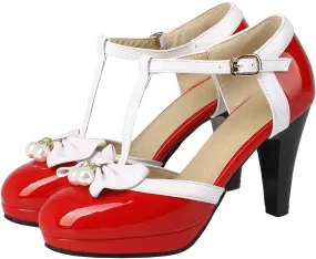 Betastella Women's T-Strap Platform Mary Janes Block Heel Patent Leather Sweet Pumps