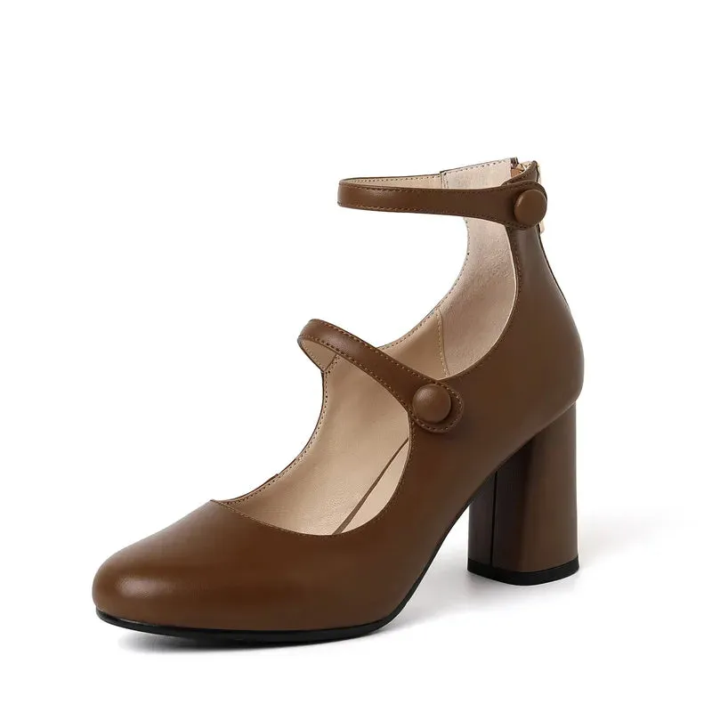 binfenxie  Fashion Pumps New High Quality Leather Retro Mary Jane Shoes Round Toe Chunky Heel High Heels Commuter Women Shoes