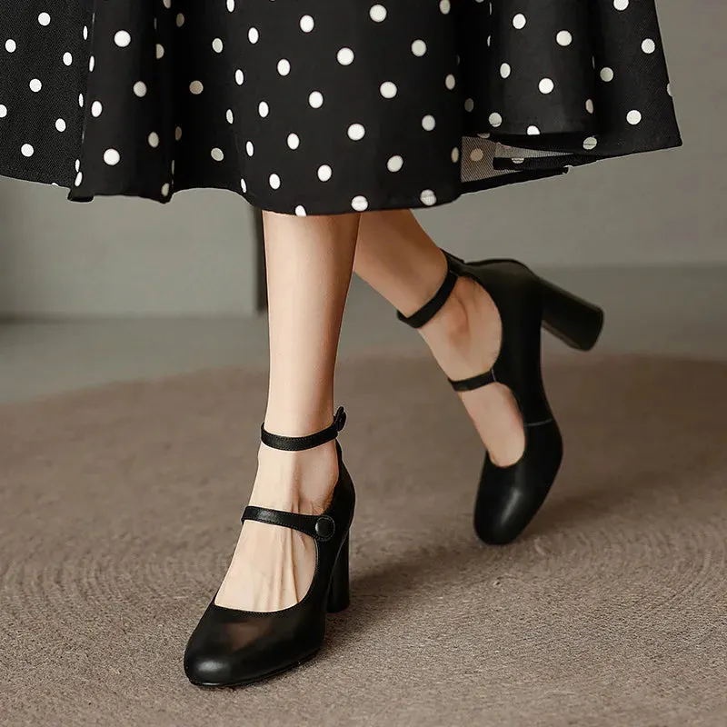 binfenxie  Fashion Pumps New High Quality Leather Retro Mary Jane Shoes Round Toe Chunky Heel High Heels Commuter Women Shoes