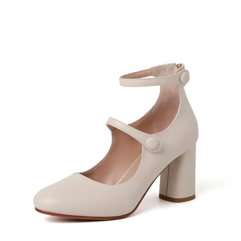 binfenxie  Fashion Pumps New High Quality Leather Retro Mary Jane Shoes Round Toe Chunky Heel High Heels Commuter Women Shoes
