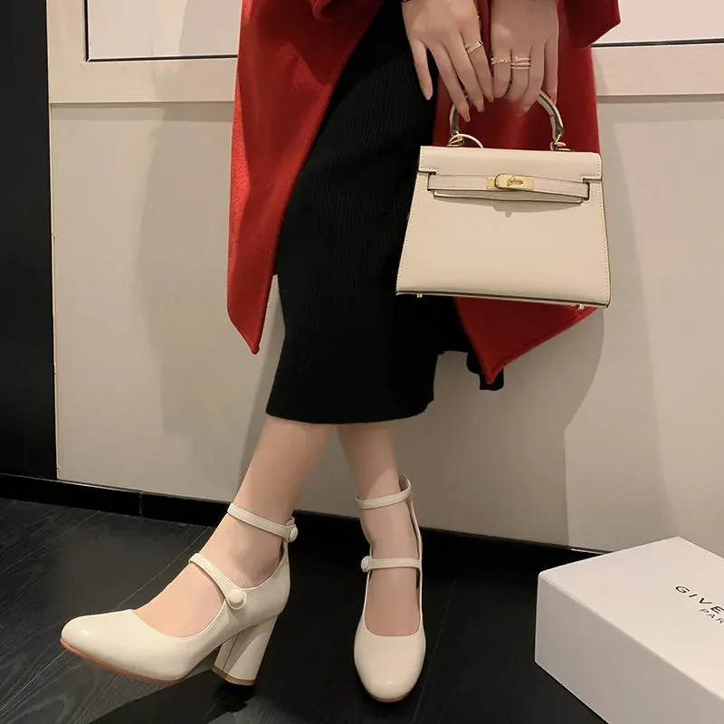 binfenxie  Fashion Pumps New High Quality Leather Retro Mary Jane Shoes Round Toe Chunky Heel High Heels Commuter Women Shoes