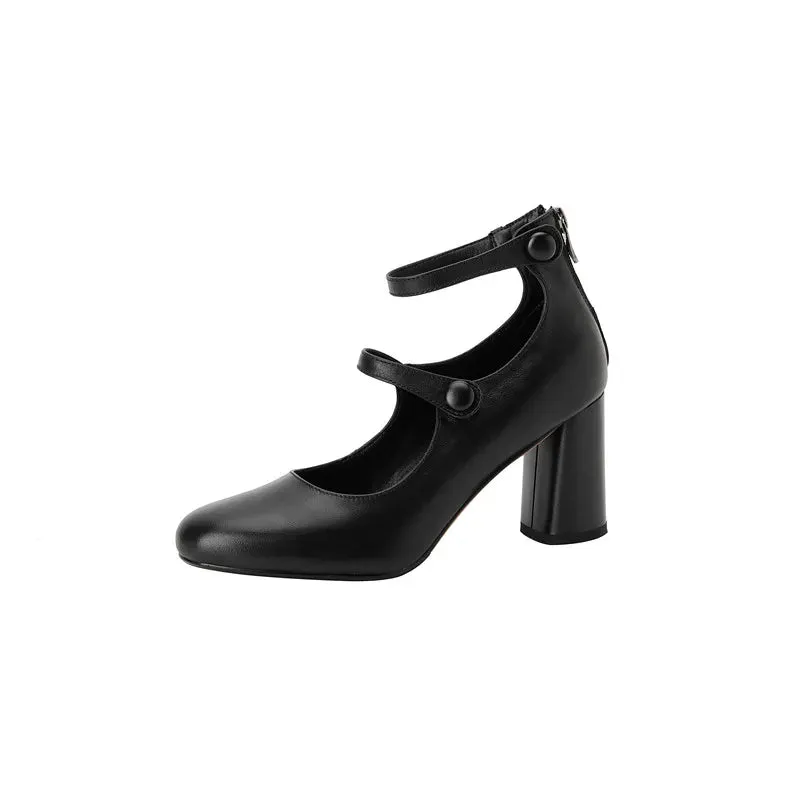 binfenxie  Fashion Pumps New High Quality Leather Retro Mary Jane Shoes Round Toe Chunky Heel High Heels Commuter Women Shoes