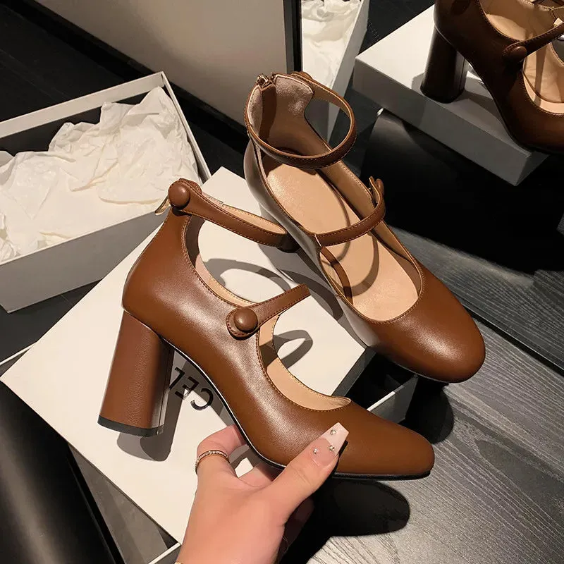 binfenxie  Fashion Pumps New High Quality Leather Retro Mary Jane Shoes Round Toe Chunky Heel High Heels Commuter Women Shoes