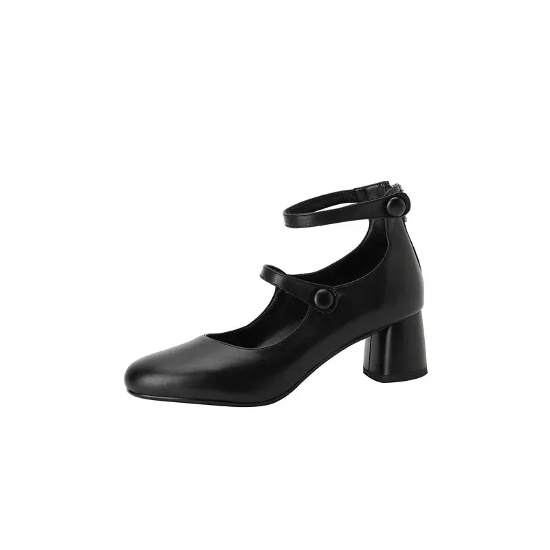 binfenxie  Fashion Pumps New High Quality Leather Retro Mary Jane Shoes Round Toe Chunky Heel High Heels Commuter Women Shoes