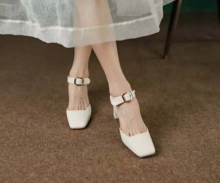 binfenxie Sheep Suede Leather Shoes Women Summer/Spring Women Sandals Square Toe High Heels Cover Heel Shoes for Women Retro Mary Janes
