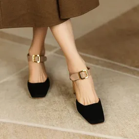 binfenxie Sheep Suede Leather Shoes Women Summer/Spring Women Sandals Square Toe High Heels Cover Heel Shoes for Women Retro Mary Janes