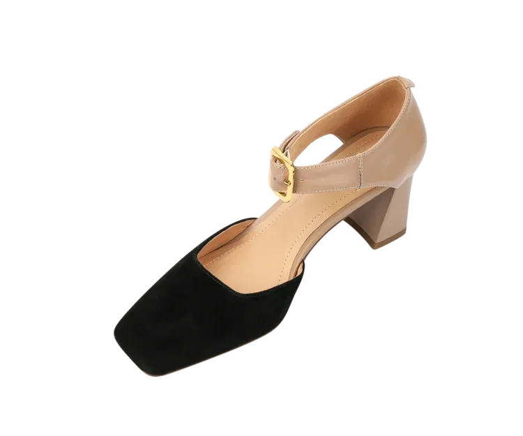 binfenxie Sheep Suede Leather Shoes Women Summer/Spring Women Sandals Square Toe High Heels Cover Heel Shoes for Women Retro Mary Janes