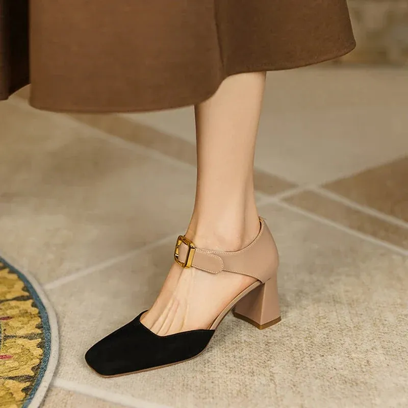 binfenxie Sheep Suede Leather Shoes Women Summer/Spring Women Sandals Square Toe High Heels Cover Heel Shoes for Women Retro Mary Janes
