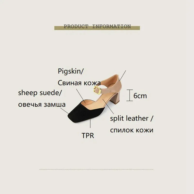 binfenxie Sheep Suede Leather Shoes Women Summer/Spring Women Sandals Square Toe High Heels Cover Heel Shoes for Women Retro Mary Janes