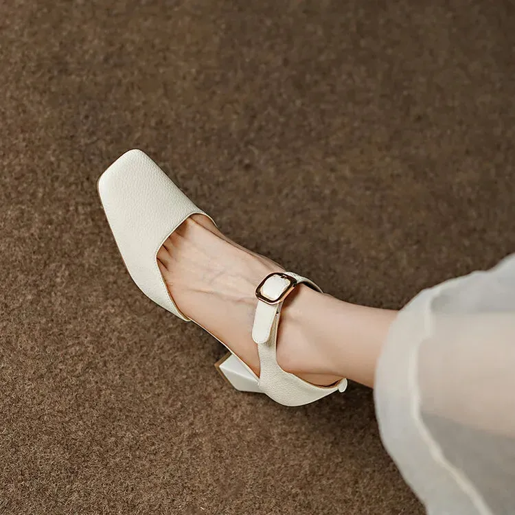 binfenxie Sheep Suede Leather Shoes Women Summer/Spring Women Sandals Square Toe High Heels Cover Heel Shoes for Women Retro Mary Janes