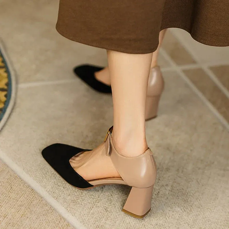 binfenxie Sheep Suede Leather Shoes Women Summer/Spring Women Sandals Square Toe High Heels Cover Heel Shoes for Women Retro Mary Janes