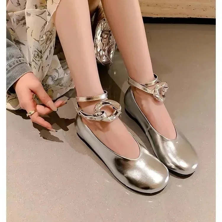 binfenxie  -  Woman Elegant French Round Toe Shallow Mary Janes Casual Flats Female Retro Metal Buckle Soft Sole Height Increased Single Shoes