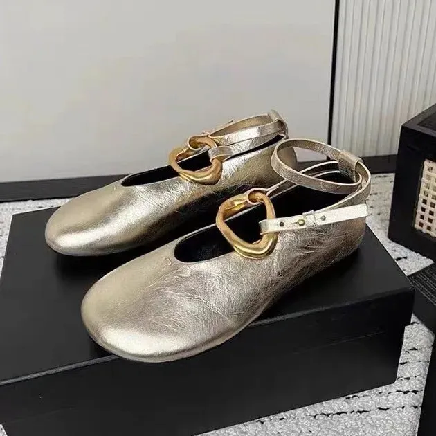 binfenxie  -  Woman Elegant French Round Toe Shallow Mary Janes Casual Flats Female Retro Metal Buckle Soft Sole Height Increased Single Shoes