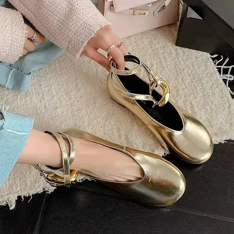 binfenxie  -  Woman Elegant French Round Toe Shallow Mary Janes Casual Flats Female Retro Metal Buckle Soft Sole Height Increased Single Shoes