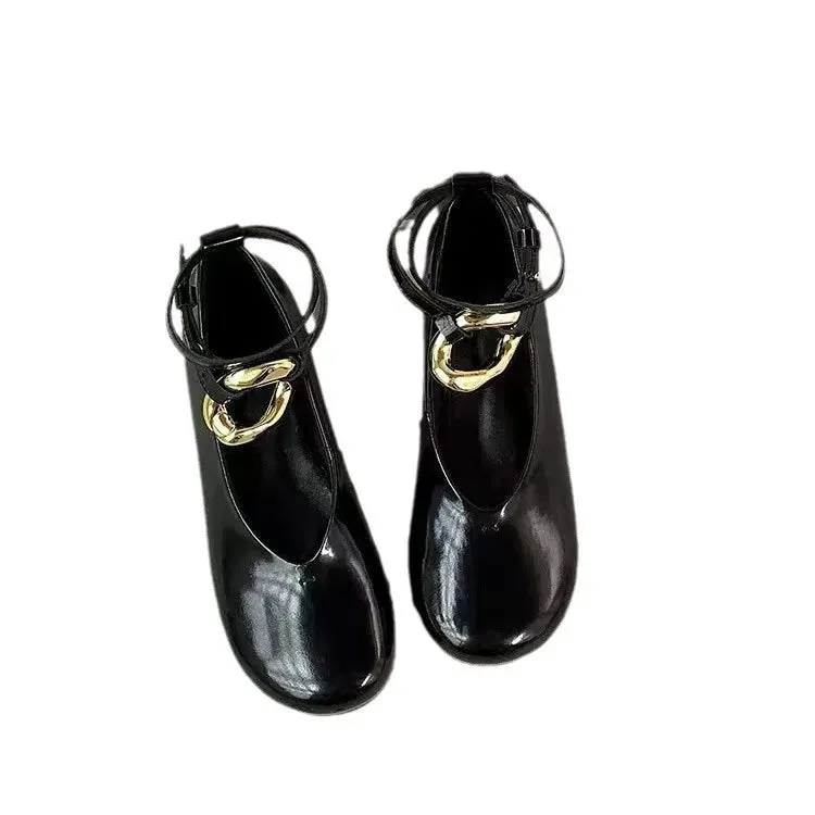 binfenxie  -  Woman Elegant French Round Toe Shallow Mary Janes Casual Flats Female Retro Metal Buckle Soft Sole Height Increased Single Shoes