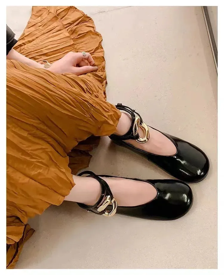 binfenxie  -  Woman Elegant French Round Toe Shallow Mary Janes Casual Flats Female Retro Metal Buckle Soft Sole Height Increased Single Shoes