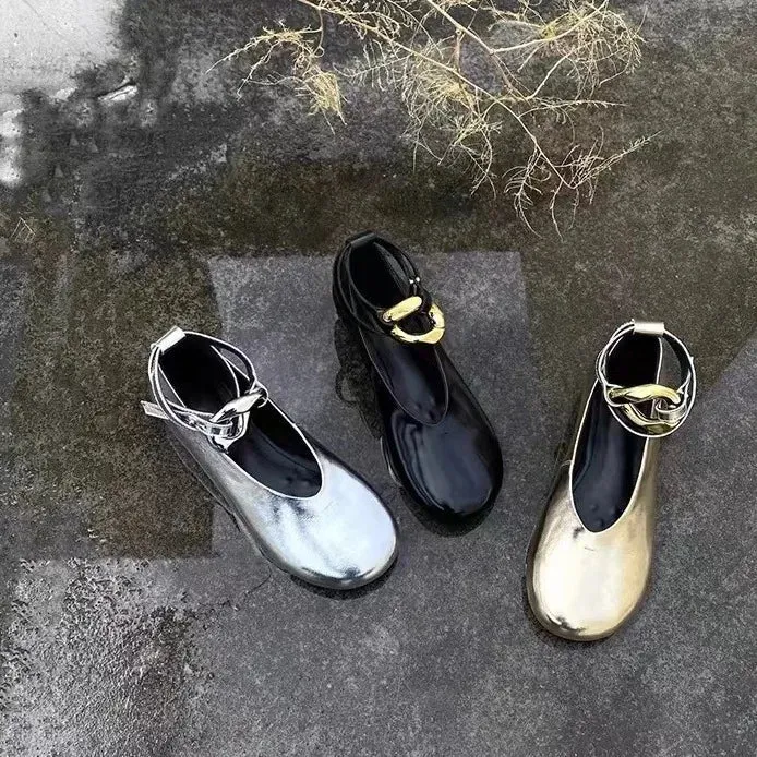 binfenxie  -  Woman Elegant French Round Toe Shallow Mary Janes Casual Flats Female Retro Metal Buckle Soft Sole Height Increased Single Shoes