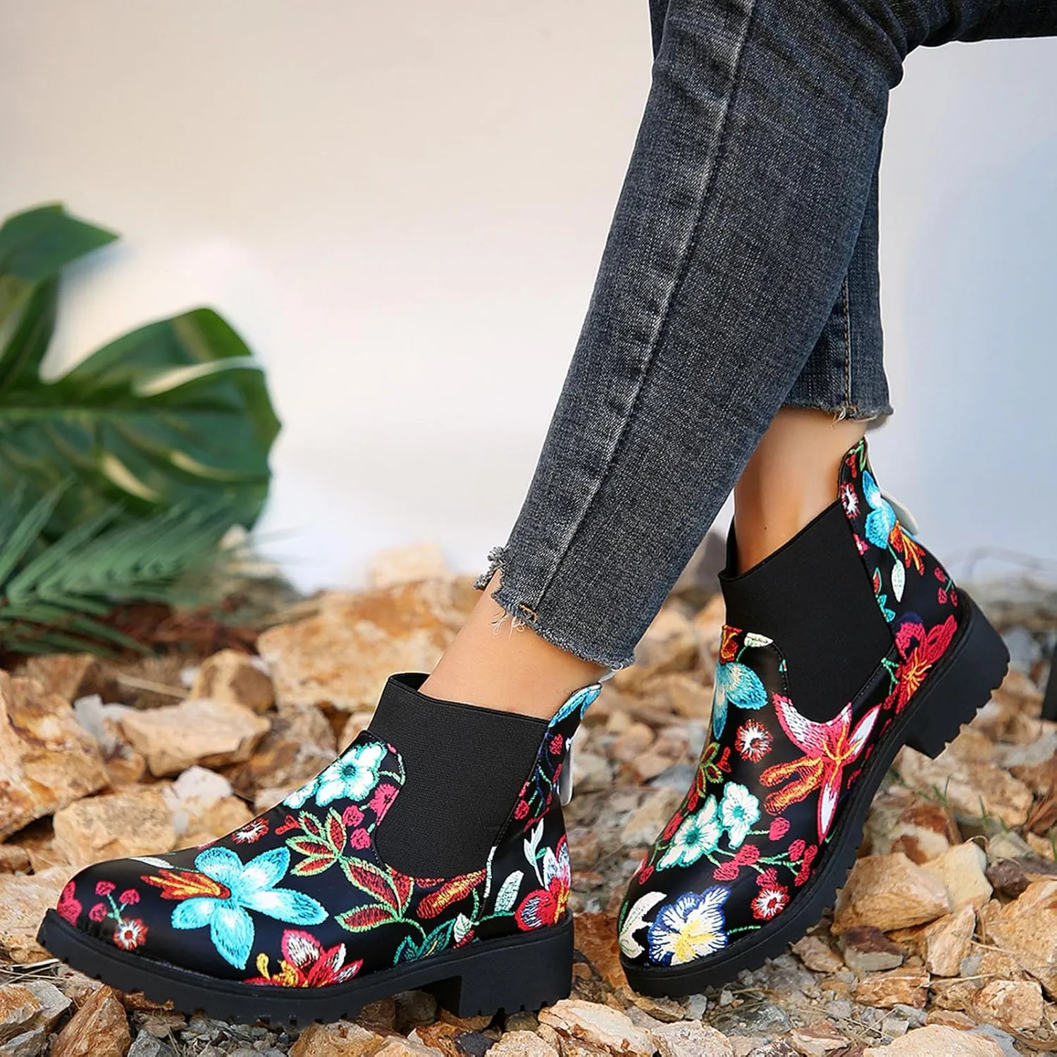 Boots for Women 2024 Retro Prints Elastic Chelsea Ankle Boots Low Chunky Block Heel Lug Sole Slip on Fall Booties